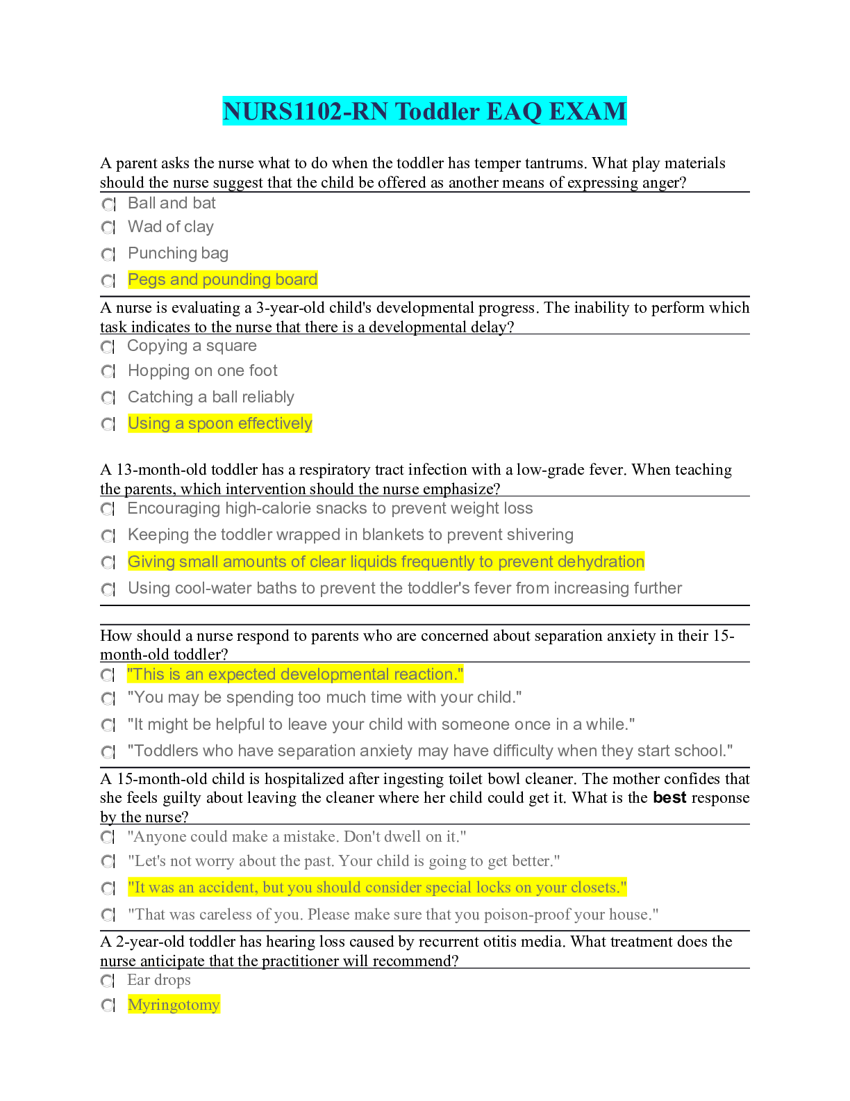Preview image of NURS1102-RN Toddler EAQ EXAM document